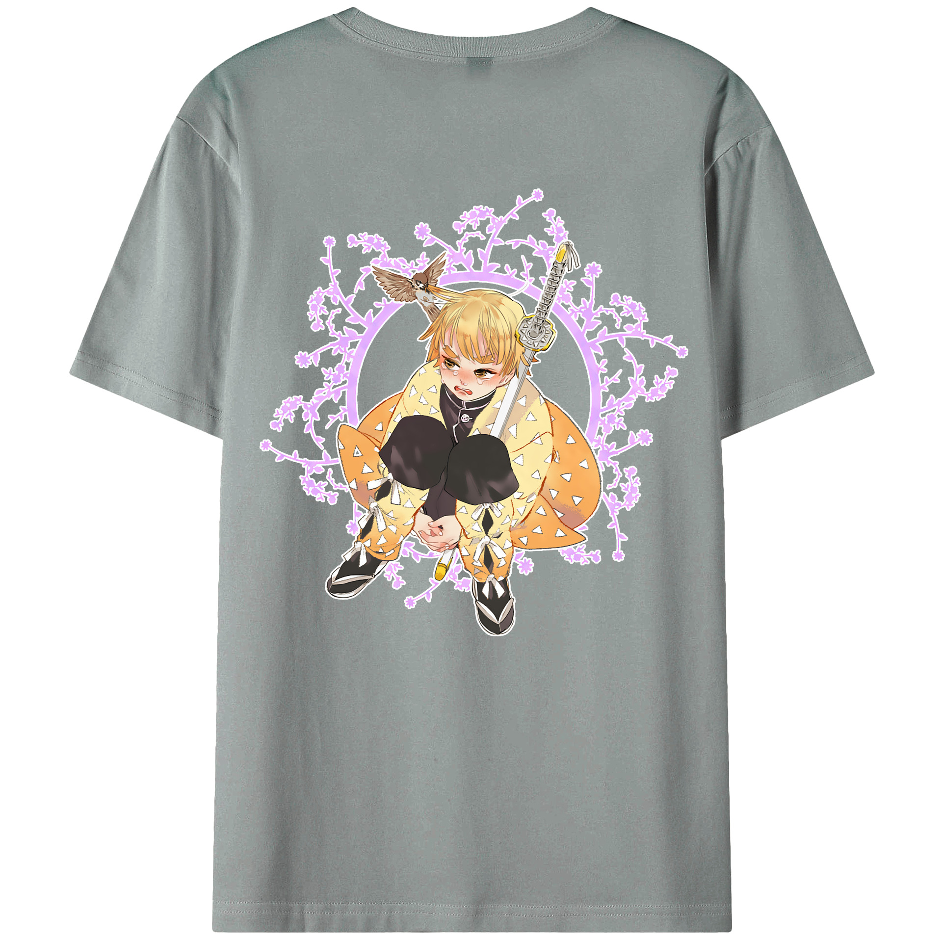 （画像用） 鬼滅の刃（きめつのやいば）我妻 善逸／あがつま ぜんいつ Agatsuma Zenitsu 綿100％ メンズ半袖Tシャツ（バックプリント） 通気性